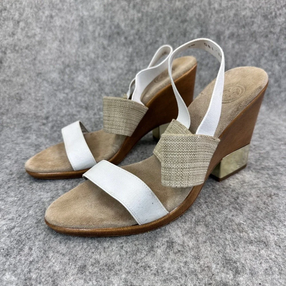 Charleston Wedge Sandals Womens 10 White Tan Elastic Comfort Shoes